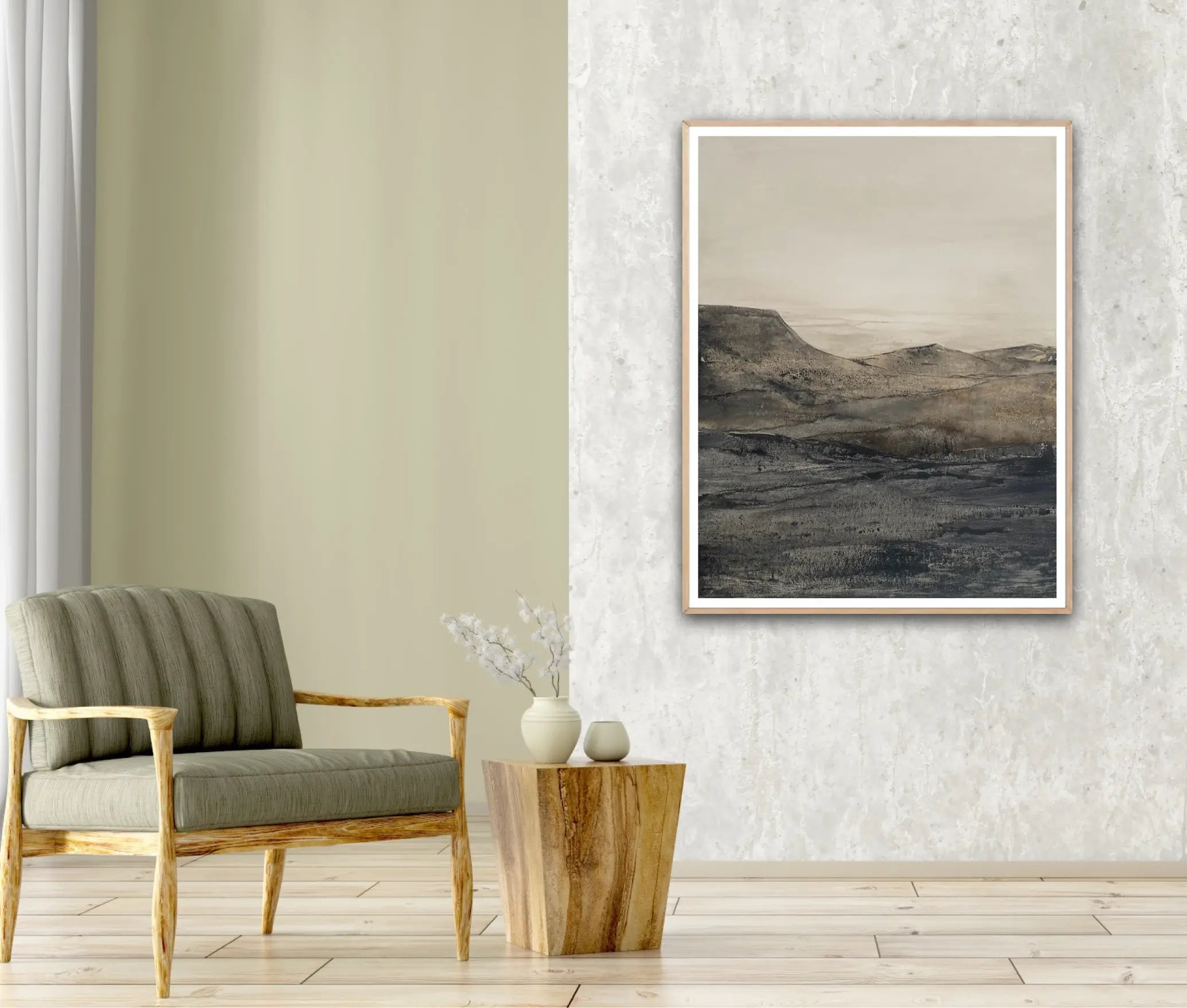 Tableau de paysage dans un salon aux couleurs naturelles